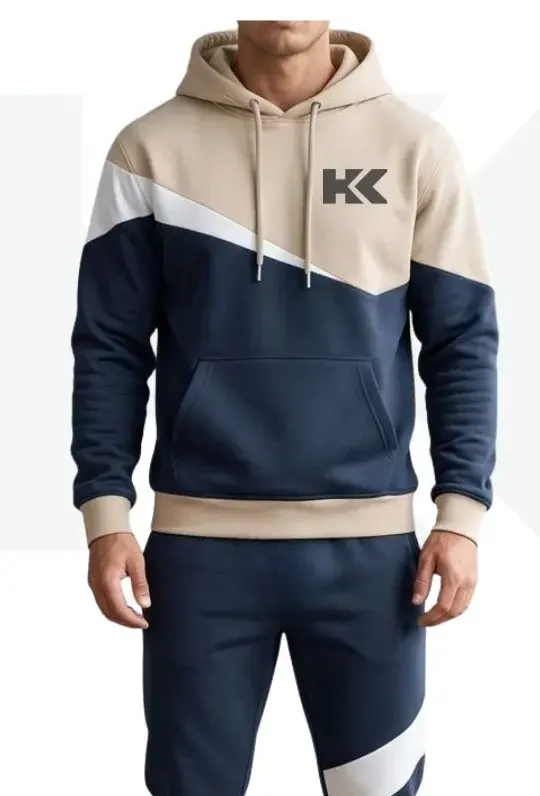Model wearing a colour-block hoodie with an HK logo
